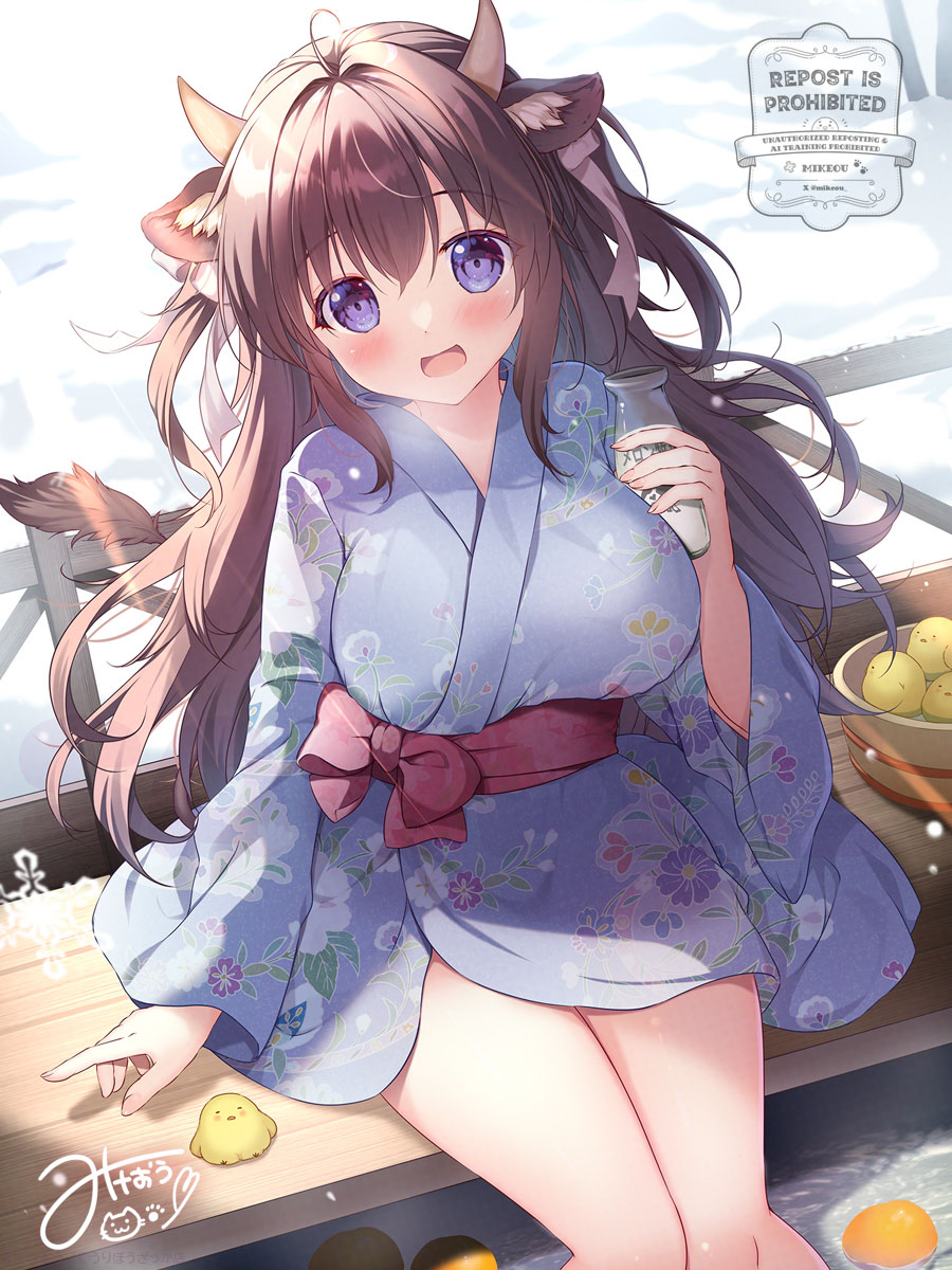 「寒い冬も足湯でほっこり 」|みけおうのイラスト