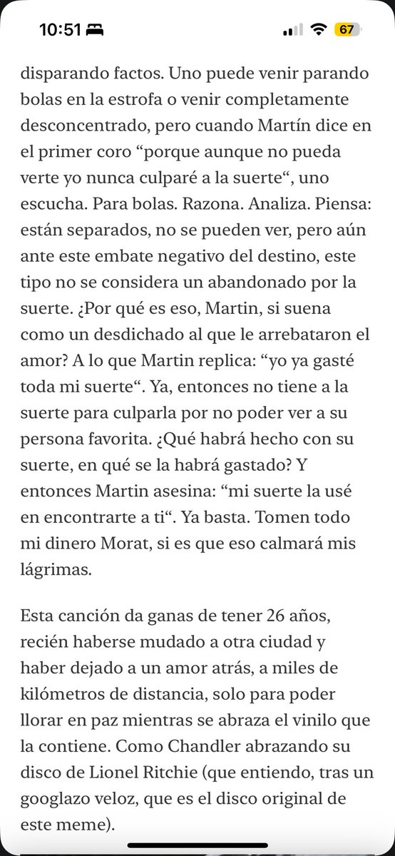 Este texto es todo lo que pasó por mi cabeza la primera vez que escuché “Mi suerte” de Morat. Que rico leer a <a href="/alvarezmejia/">Daniel Álvarez</a> en Substack y sentirse comprendida 😭❤️
