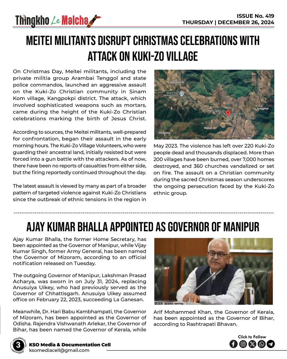 KSO_tlm's tweet photo. 🗓️26/Dec
🔹Meitei Militants disrupt Christmas celebrations with attack on Kuki-Zo village.
🔹Ajay Kumar Bhalla appointed as governor of Manipur.
🔹Myanmarese living within 10km of Manipur border can enter state with a pass: MHA letter.
🔹Appointment of Manipur CS becomes tricky; awaits order from Raisina hills.
🔹Dr.Manmohan Singh, Ex-Prime Minister, dies at 92