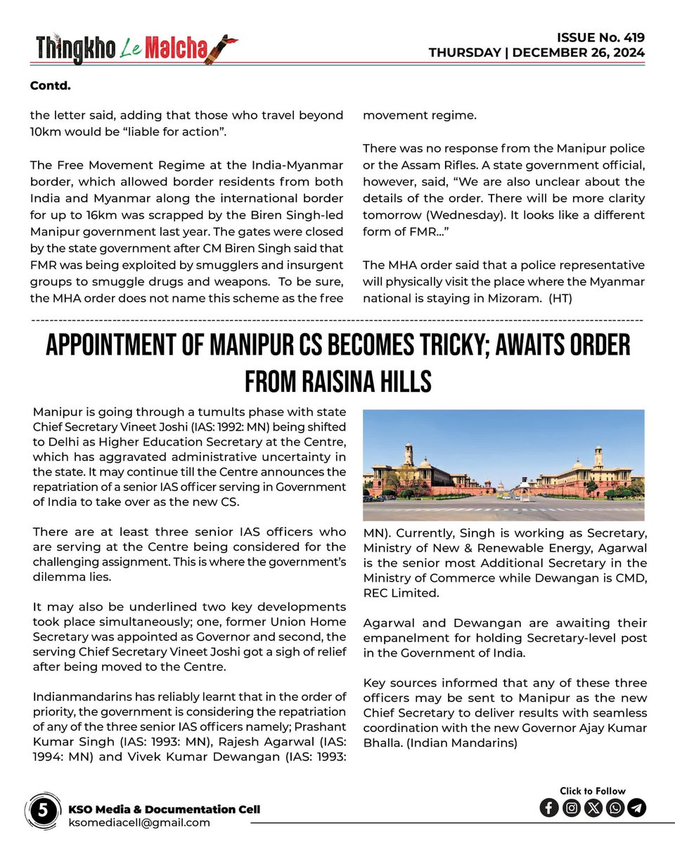 KSO_tlm's tweet photo. 🗓️26/Dec
🔹Meitei Militants disrupt Christmas celebrations with attack on Kuki-Zo village.
🔹Ajay Kumar Bhalla appointed as governor of Manipur.
🔹Myanmarese living within 10km of Manipur border can enter state with a pass: MHA letter.
🔹Appointment of Manipur CS becomes tricky; awaits order from Raisina hills.
🔹Dr.Manmohan Singh, Ex-Prime Minister, dies at 92