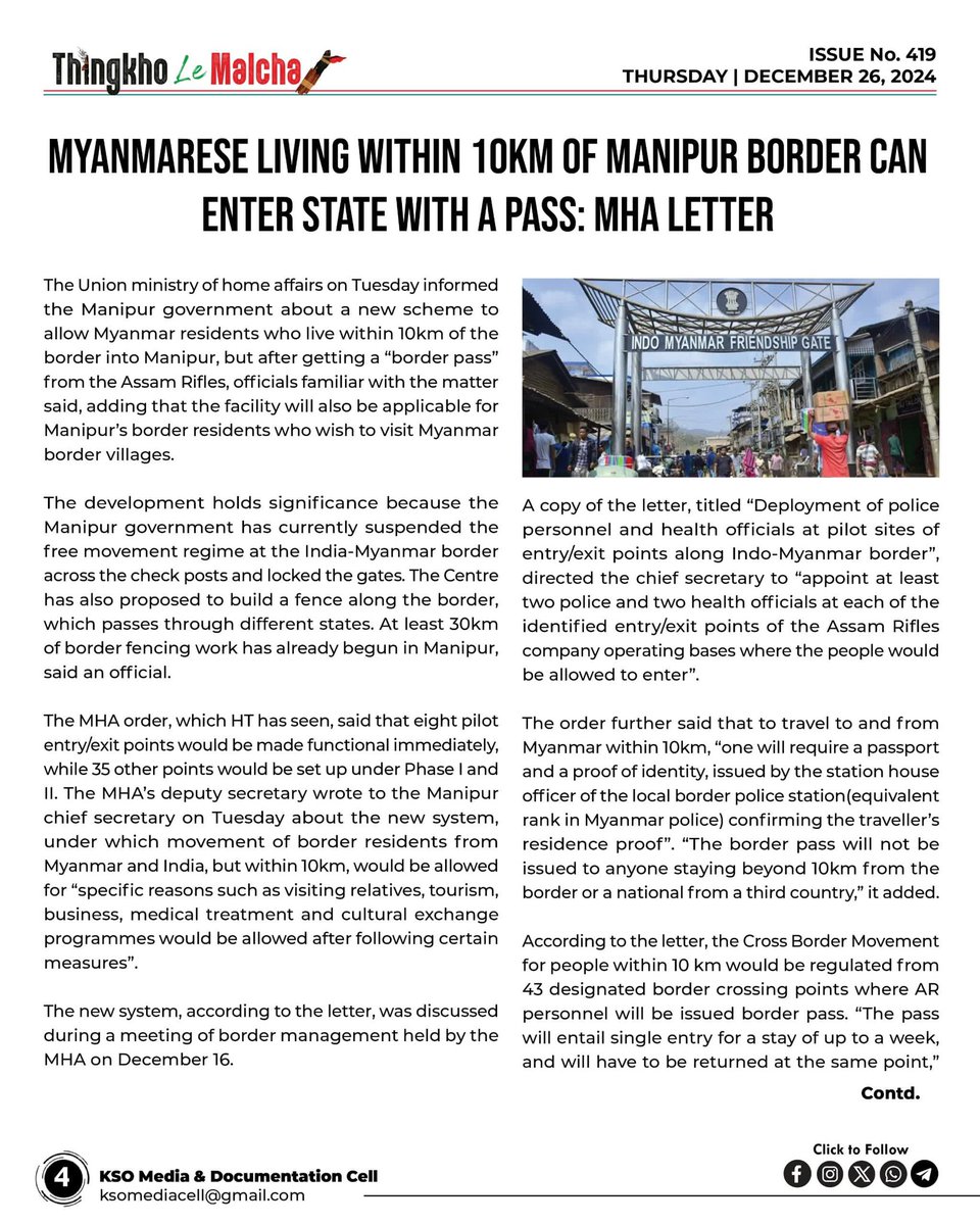 KSO_tlm's tweet photo. 🗓️26/Dec
🔹Meitei Militants disrupt Christmas celebrations with attack on Kuki-Zo village.
🔹Ajay Kumar Bhalla appointed as governor of Manipur.
🔹Myanmarese living within 10km of Manipur border can enter state with a pass: MHA letter.
🔹Appointment of Manipur CS becomes tricky; awaits order from Raisina hills.
🔹Dr.Manmohan Singh, Ex-Prime Minister, dies at 92