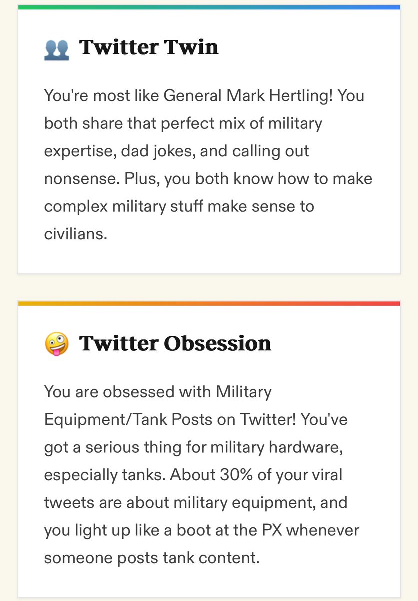 Asst_to_the_RM's tweet photo. Twitter wrap up. Not too shabby.
Twin: @MarkHertling (fellow STL’ian)
Obsession: #tanktwitter https://t.co/3baUDzt1O9