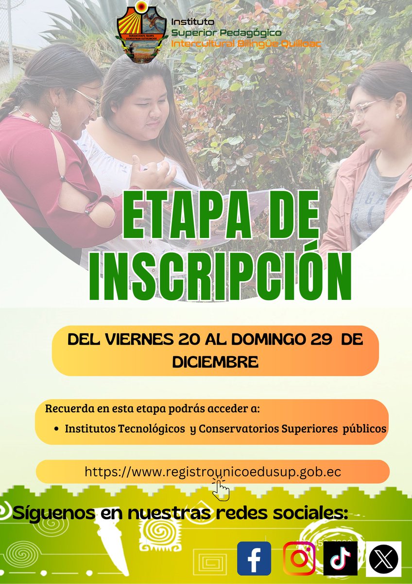 Ampliamos lα etαpα de ınscrıpcıón 📷
📷 Desde el 20 de diciembre
📷 Hasta el 29 de diciembre.
Inscríbete para acceder a los institutos tecnológicos y conservatorios superiores públicos. 📷
📷📷📷
registrounicoedusup.gob.ec