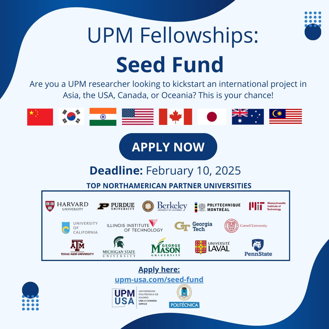 Seed Project Funding: Are you a UPM researcher looking to kickstart an international project in Asia, the USA, Canada, or Oceania?  This is your chance!
Deadline: February 10, 2025 (for projects starting in 2025). Apply here: upm-usa.com/seed-fund

#SomosUPM #UPM #FundResearch