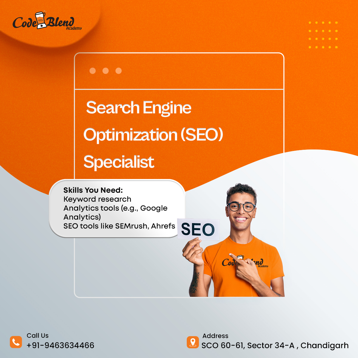 CodeblendA's tweet image. Explore Exciting Career Opportunities in Digital Marketing for 2025!
Enroll now and secure your spot today!
📍 Location: SCO 60-61, 3rd Floor, Sector 34-A, Chandigarh
📞 Call: +91-9463634466
#DigitalMarketingCourse #CodeBlendAcademy #LearnDigitalMarketing #CareerGrowth