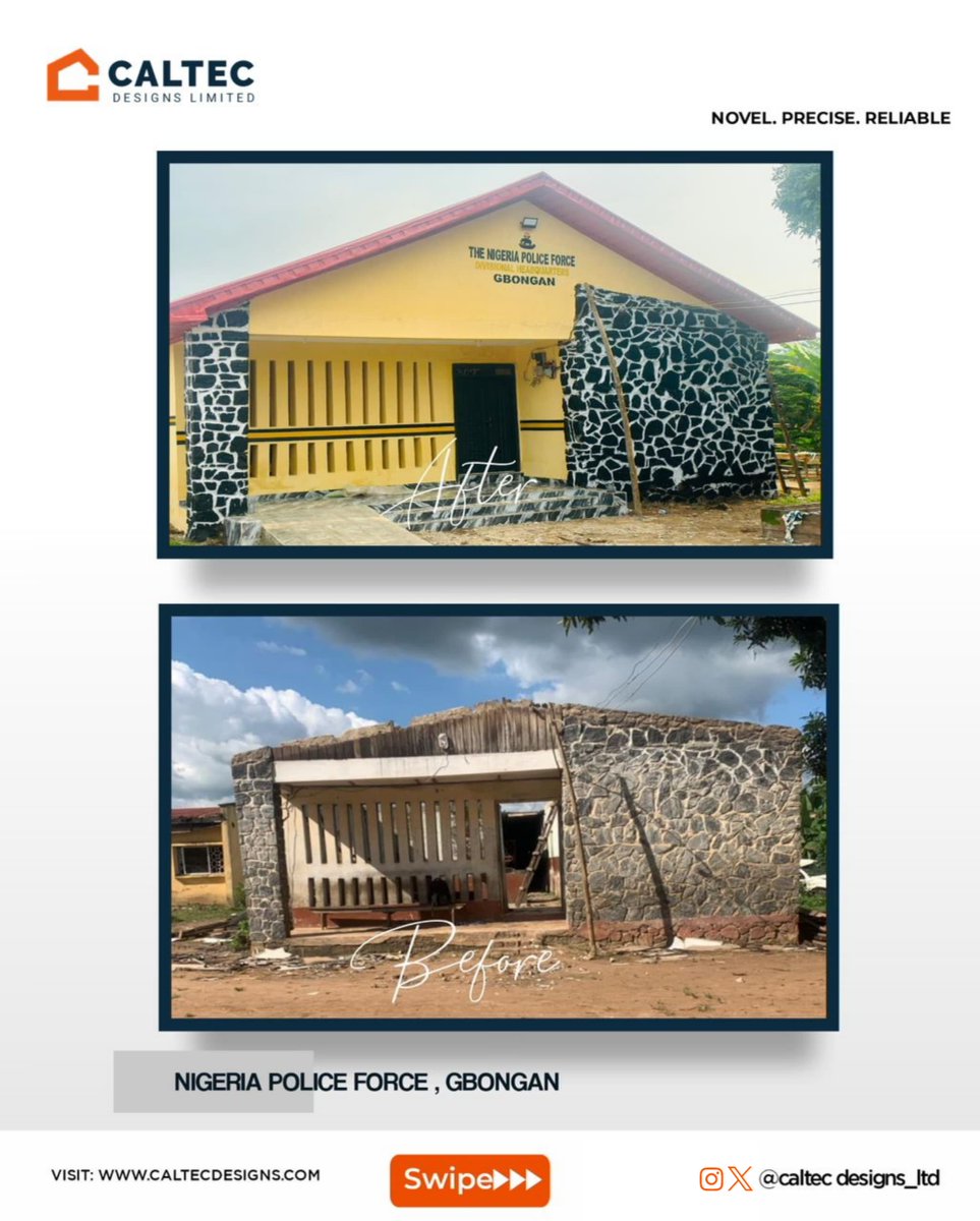 Caltecdesigns's tweet photo. "From outdated to outstanding!✨  

The Gbongan Divisional Police Headquarters now stands as a beacon of transformation and excellence. Swipe to see the stunning before and after of this remarkable project!  

#CaltecDesigns #BeforeAndAfter #BuildingForTheFuture" https://t.co/fUdb8EVUyq