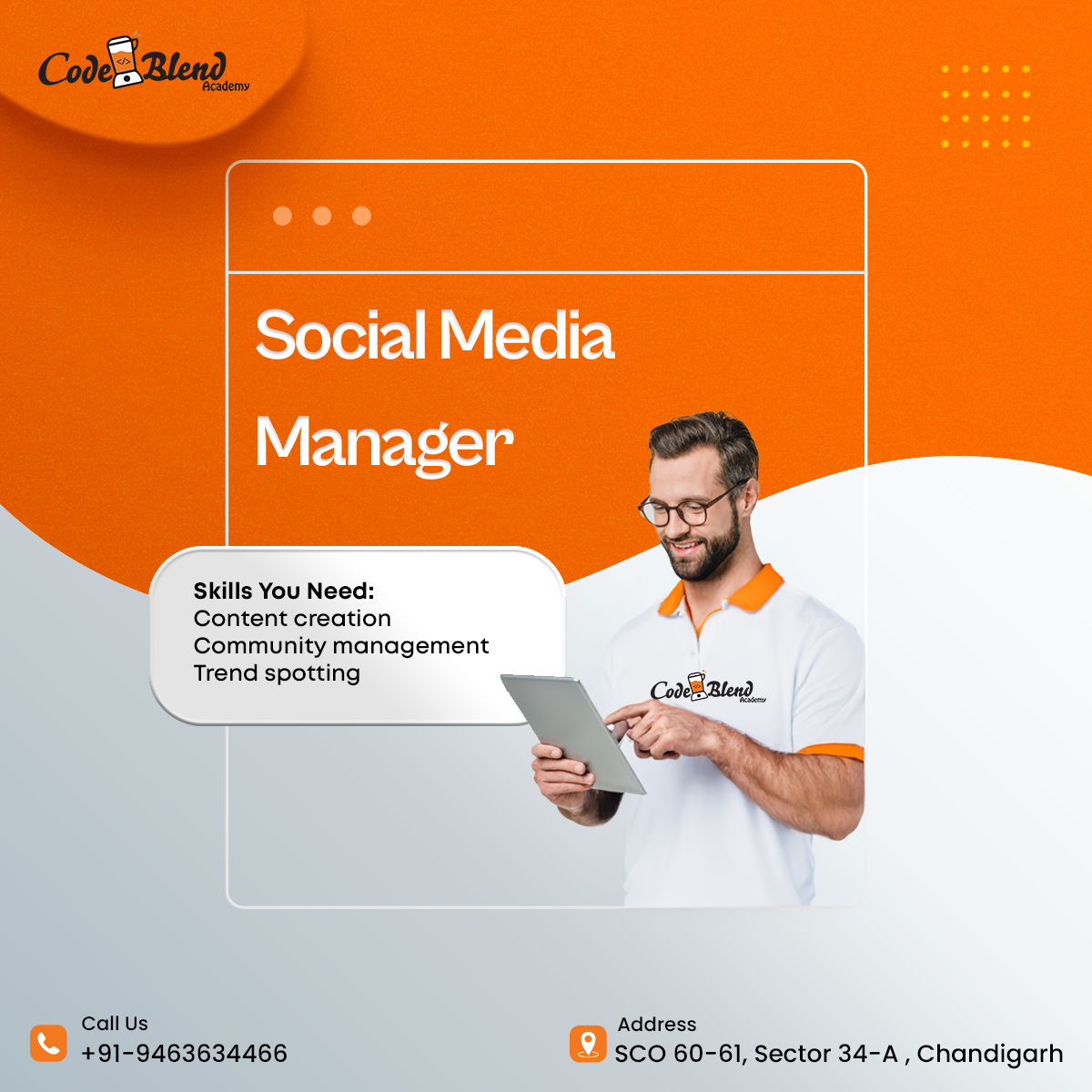 CodeblendA's tweet image. Explore Exciting Career Opportunities in Digital Marketing for 2025!
Enroll now and secure your spot today!
📍 Location: SCO 60-61, 3rd Floor, Sector 34-A, Chandigarh
📞 Call: +91-9463634466
#DigitalMarketingCourse #CodeBlendAcademy #LearnDigitalMarketing #CareerGrowth