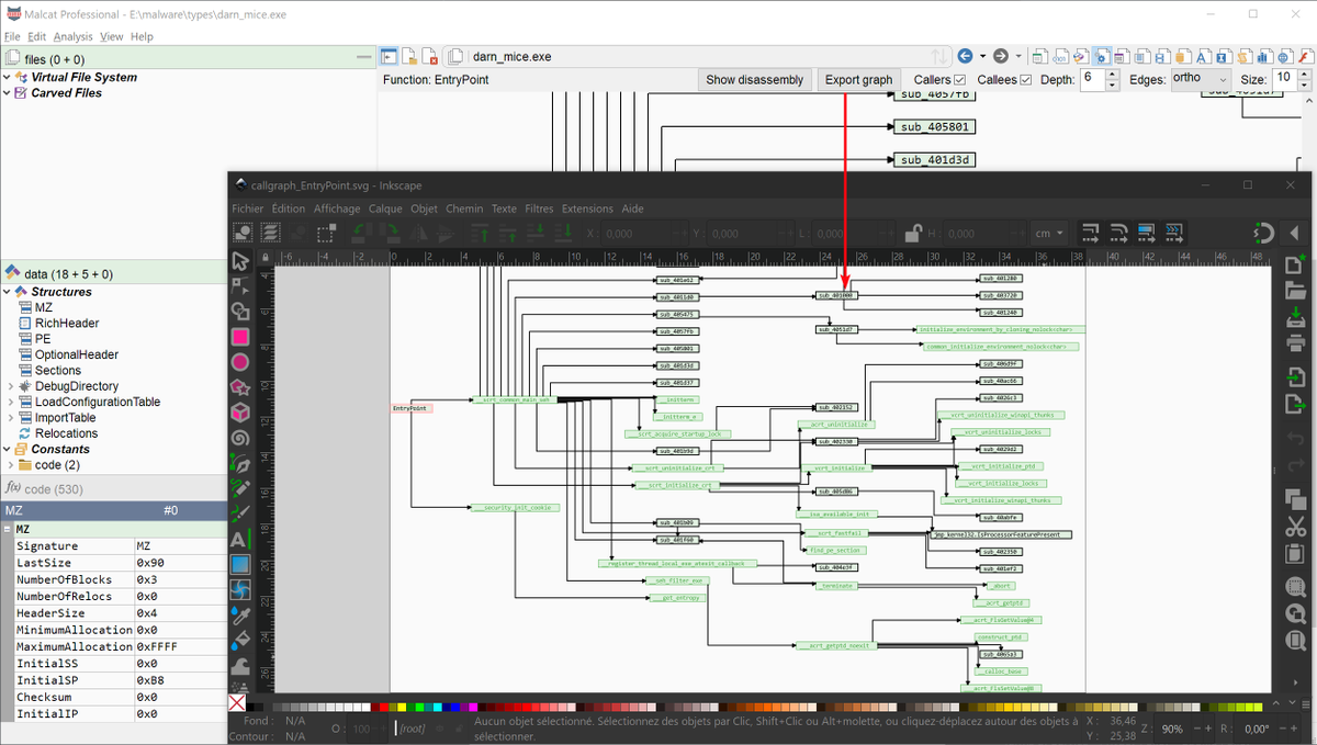 malcat4ever's tweet image. You'll soon be able to export Malcat's view to files:
● Summary report as HTML+ SVG
● Proximity & call graph views as SVG or PNG
● Struct/hex/disasm views as HTML
● Strings, symbols, intel, kesakode and other views as CSV
