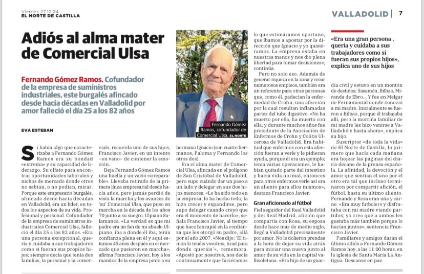 Desde <a href="/EFCyL/">Empresa Familiar CyL</a> queremos transmitir nuestras condolencias a toda su familia por el fallecimiento de nuestro asociado Fernando Gómez Ramos, cofundador de @comercialulsa y ejemplo de empresario familiar D.E.P.