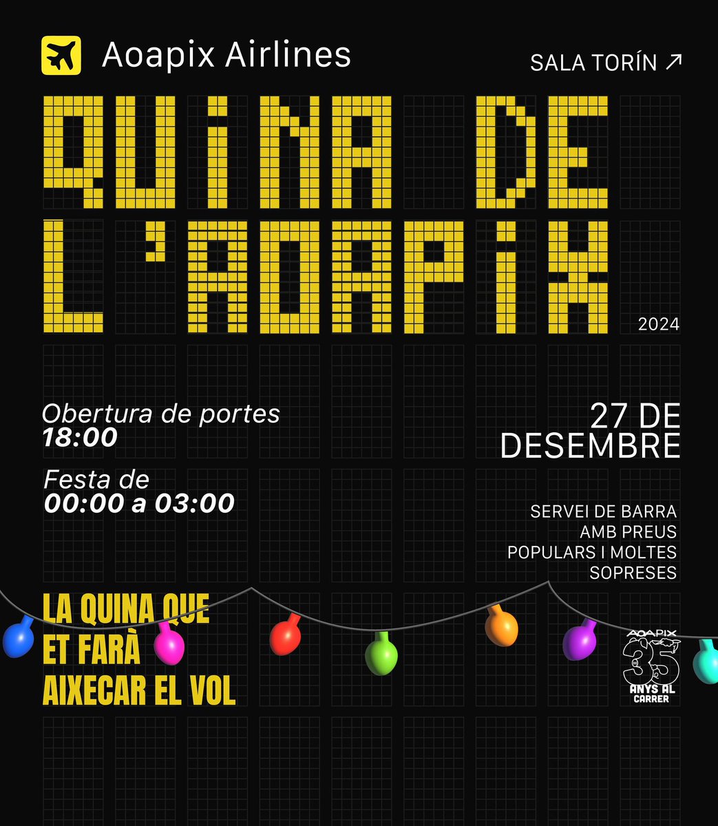 Per fi ha arribat el dia de la Quina! No us oblideu de passar avui pel Torín. Grans canaris, grans premis, grans somriures i preus petits. Us hi comptem! Amb Aoapix airlines! #35anysalcarrer #Aoapix