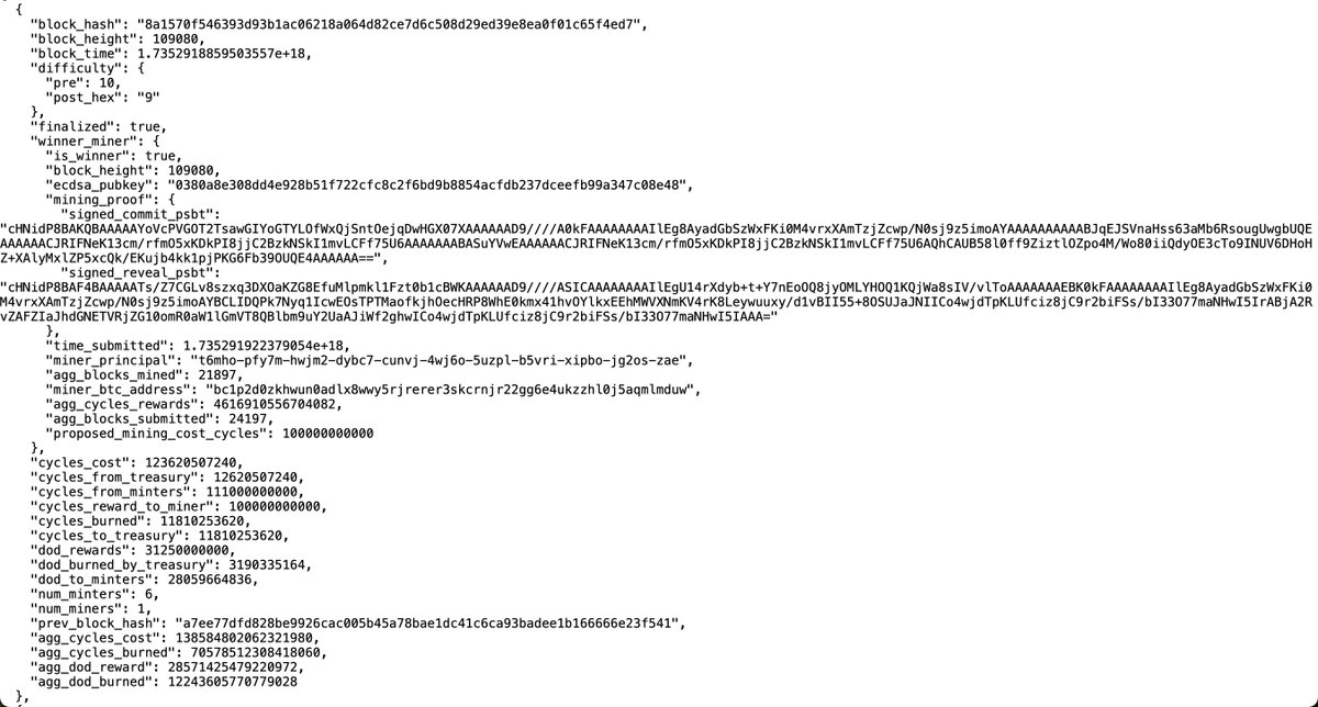 This is the block data structure of $DOD. We implemented the complete blockchain data structure and all blocks and transactions are permanently stored in $ICP stable B-tree map. Indeed, we also internally built the indexer and explorer making $DOD a real blockchain on blockchain