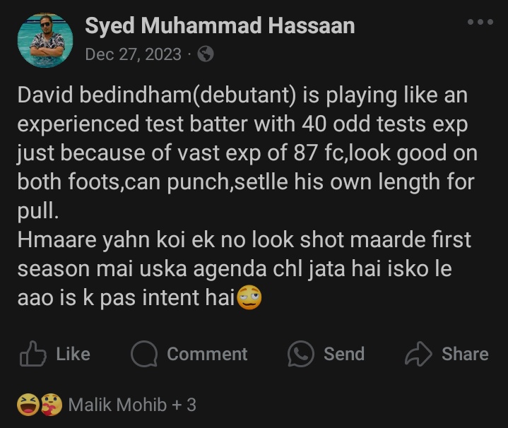 SHassaan1589's tweet photo. Me about David Bedingham exactly a year ago & he's still proving me right with his classy back foot punches.
#PAKvsSA #DavidBedingham https://t.co/V08HdfZyon