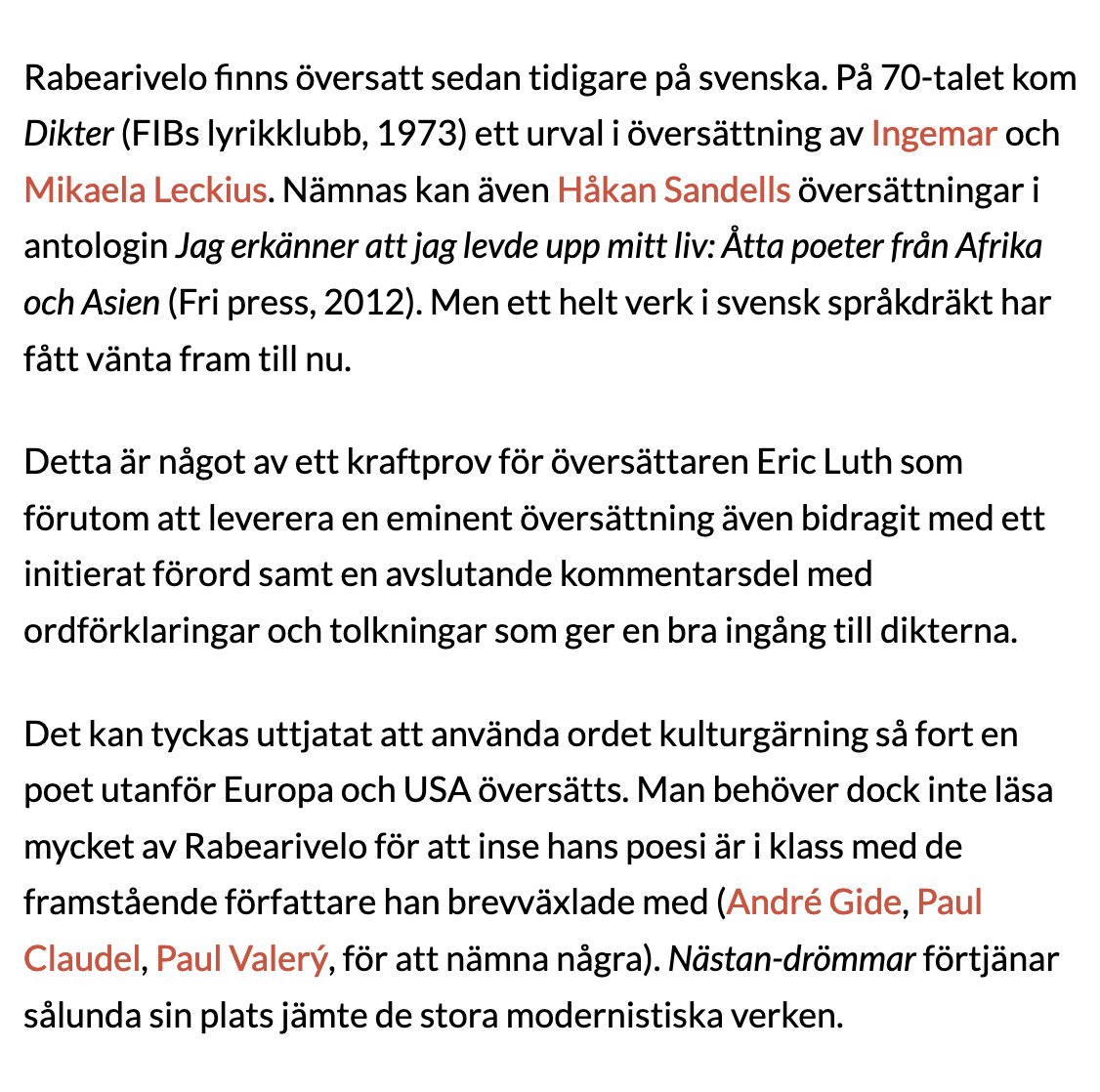vendelsforlag's tweet image. Erik Bovin om Jean-Joseph Rabearivelos Nästan-drömmar och översättaren Eric Luths (@lutheratur) insats.