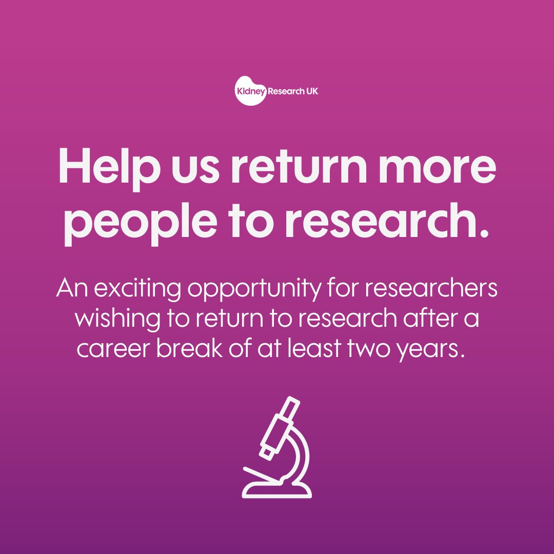 Kidney Research UK (@kidney_research) on Twitter photo Have you taken a break from your research career in kidney disease and are now looking to return to work?
Applications are invited for a three-year part-time <a href="/DaphneJacksonTr/">Daphne Jackson Trust</a> fellowship to be held at any UK university or research institute.
Help make a positive impact in Have you taken a break from your research career in kidney disease and are now looking to return to work?
Applications are invited for a three-year part-time <a href="/DaphneJacksonTr/">Daphne Jackson Trust</a> fellowship to be held at any UK university or research institute.
Help make a positive impact in