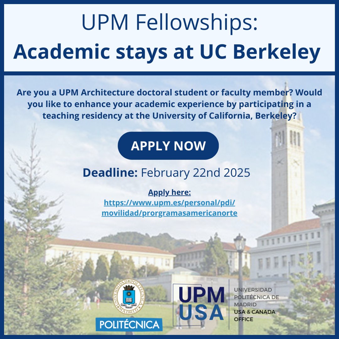 Apply Now for UPM Teaching Fellowships at UC Berkeley! Join a teaching mobility program at UC Berkeley’s Architecture Department. Deadline: February 21, 2025. Apply here: upm.es/personal/pdi/m…

#SomosUPM #Architecture