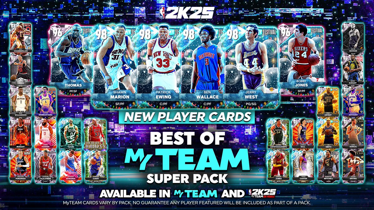 Pick up the Best of MyTEAM Super Pack featuring some of the most 🔥 players released so far in #NBA2K25 plus several all-new player cards including:
💫 Galaxy Opal Shawn Marion
💫 Galaxy Opal Patrick Ewing
💫 Galaxy Opal Ben Wallace
💫 Galaxy Opal Jerry West
🤩 Pink Diamond Tim