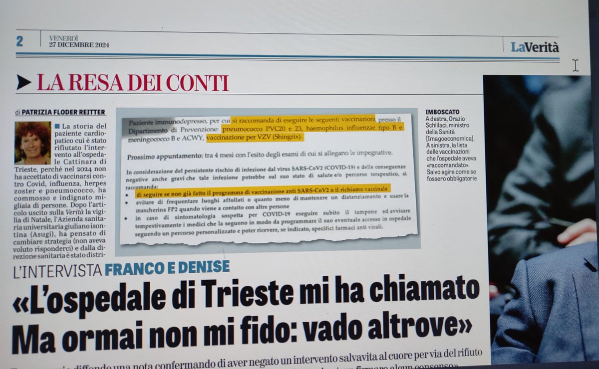 Per chi ancora crede che sia una fake. Ecco l'intervista al paziente respinto che non ha rifiutato cure, solo vaccinazioni anti Covid, herpes e anti influenzale #schillaci si faccia sentire <a href="/LaVeritaWeb/">La Verità</a>