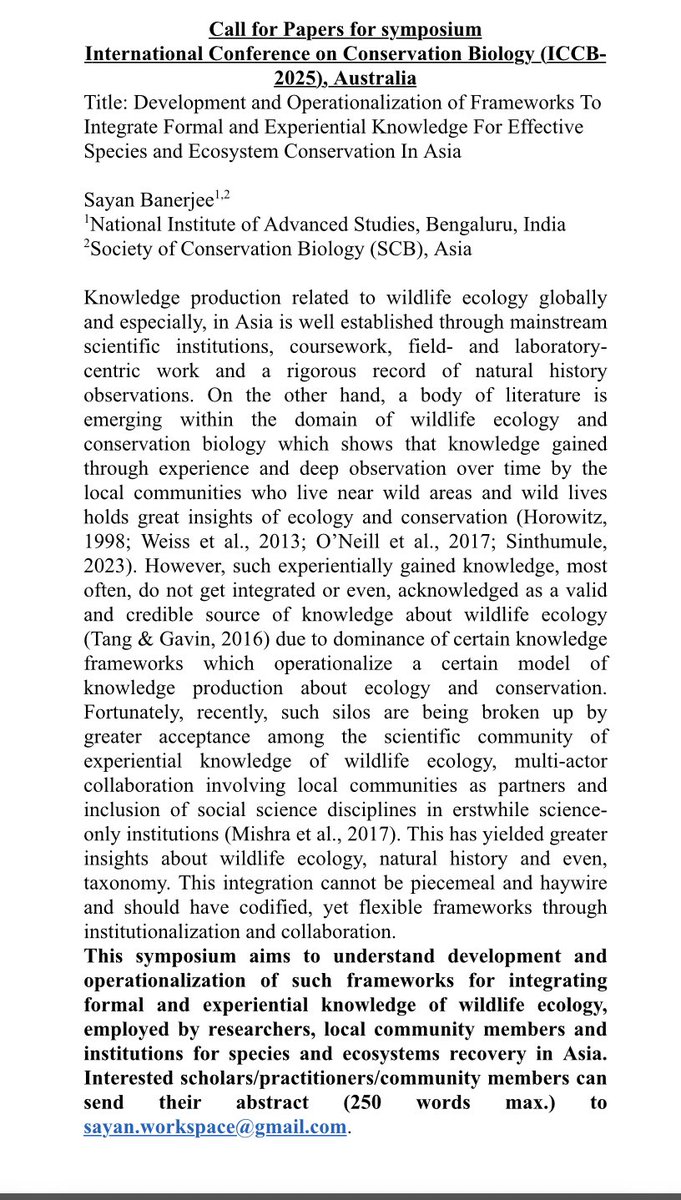 My Symposium at <a href="/ICCB2025/">ICCB</a> Operationalising frameworks to integrate formal and experiential knowledge for ecosystem conservation in Asia is selected. 

🔔I need speakers to contribute 🔔 pls get in touch

1. Under Lightning talk+poster category
2. Only Asia case study

Details👇🏻