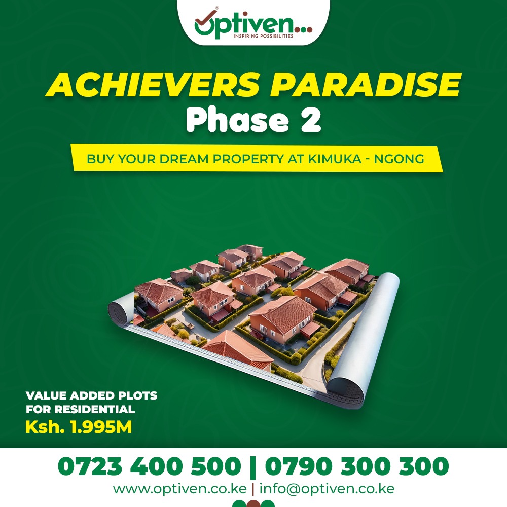 OptivenLimited's tweet photo. 𝐄𝐦𝐛𝐫𝐚𝐜𝐞 𝐓𝐫𝐚𝐧𝐪𝐮𝐢𝐥 𝐋𝐢𝐯𝐢𝐧𝐠 𝐚𝐧𝐝 𝐒𝐦𝐚𝐫𝐭 𝐈𝐧𝐯𝐞𝐬𝐭𝐢𝐧𝐠 𝐚𝐭 𝐀𝐜𝐡𝐢𝐞𝐯𝐞𝐫𝐬 𝐏𝐚𝐫𝐚𝐝𝐢𝐬𝐞 𝐍𝐠𝐨𝐧𝐠

Escape the urban chaos while staying connected to the heartbeat of Nairobi! Discover Achievers Paradise Phase 2 in Kimuka, Ngong, where tranquil living meets exceptional investment potential.

Marvel at panoramic views of the iconic Ngong Hills and enjoy seamless access to Nairobi's vibrant opportunities.

Reach us now at 0723 400500 or 0790 300300, or visit: https://t.co/ZoZs3yTaDi.

#25YrsOfPositiveTransformation