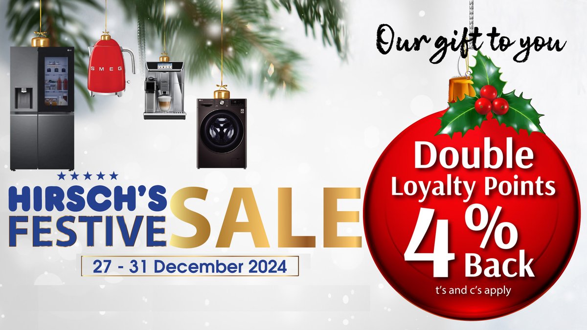 Hirsch's Loyalty customers, we have something special for YOU! 💙
Indulge in ultimate home comfort this festive season. ✨ From 27-31 December, earn DOUBLE Loyalty Points (that's 4% back!) on all purchases at Hirsch's.

Shop now in-store or online - hirschs.co.za