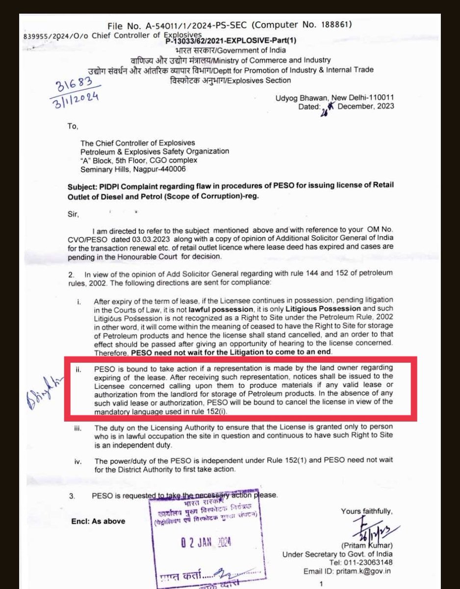 <a href="/PesoNagpur/">PESO Nagpur</a> <a href="/PiyushGoyal/">Piyush Goyal</a> Sir, when <a href="/DPIITGoI/">DPIIT India</a> circular 26.12.2023 mandates cancellation in all cases where no valid lease, then why the license P180344 by <a href="/pesoagra/">PESO Agra</a> is merely suspended ? The same amounts to wilfull disobedience of DPIIT circular. PESO is bound to cancel.