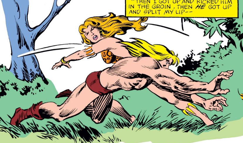 KazarUpdates's tweet photo. day 11 of posting a Ka-Zar panel everyday until our jungle guy gets some news! this time from Ka-Zar (1981) #21, written by Bruce Jones with art by Ron Frenz and Val Mayerik! #KaZar #SavageLand #ShannaTheSheDevil #catfight #zabu https://t.co/7yNSPkSC2o