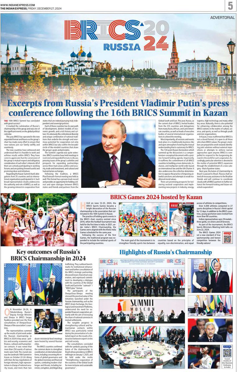 RusEmbIndia's tweet image. 📰 Today, on December 27, @IndianExpress published a special report on the outcomes of #Russia’s #BRICS Chairmanship in 2024 &amp;amp; its key highlights!

Learn more 👉🏻 t.me/RusEmbIndia/86…

#BRICS2024