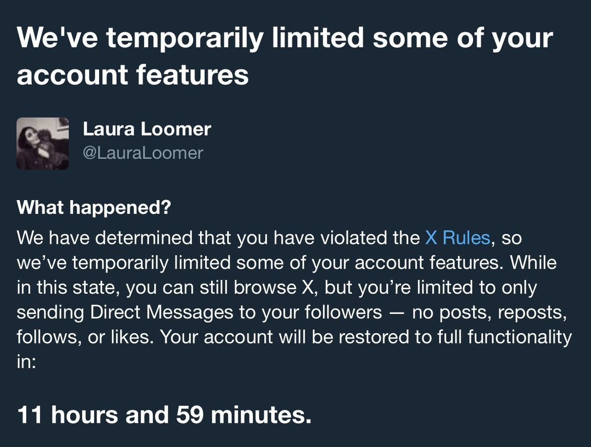 Laura Loomer has been locked out of her account for 12 hours after Elon Musk called her a “troll” for criticizing his support for mass legal immigration.

She also had her checkmark and monetization removed.

Follow: <a href="/AFpost/">AF Post</a>