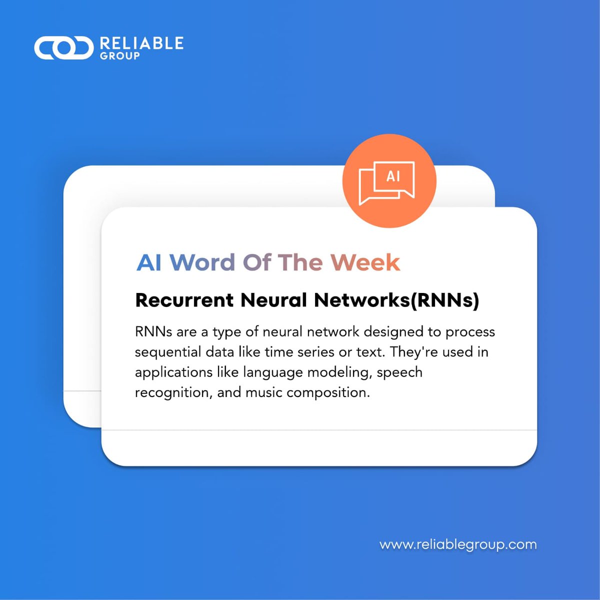 reliablegroup's tweet image. Recurrent Neural Networks give AI its memory, making sense of sequences like sentences or songs. Whether it’s predicting the next word in a text or composing music, RNNs are key to AI’s ability to understand context and continuity.  

#AI #WordoftheWeek #RecurrentNeuralNetworks