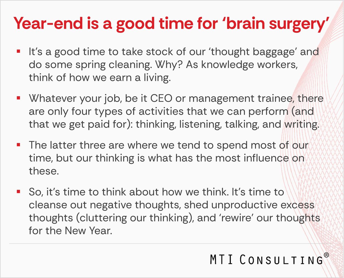 mtiworldwide's tweet image. Year-end is a good time for ‘brain surgery’

Learn more about MTI’s Thought Leadership:  mtiworldwide.com/media-thought-… 

#MTIConsulting #MTIStrategicReflections #YearEndReflection #NewYearNewMindset #MindsetReset #ThoughtRewiring