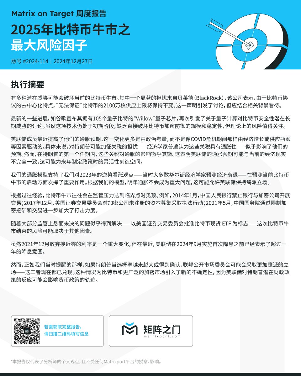 Matrixport #MoT 投研📊 - 12/27：2025年#比特币牛市之最大风险因子#Matrixport  #矩阵之门#加密#市场观察#加密投资#BTC #ETF
