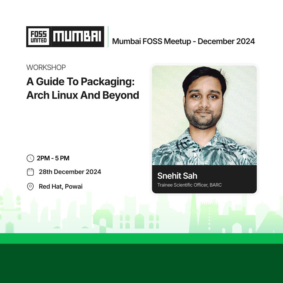 MumbaiFOSS's tweet photo. Meet our Speaker for the December Meetup: Snehit Sah! 
Join us for his workshop, "A Guide to Packaging: Arch Linux and Beyond", and explore the art of creating seamless software packages. Don’t miss it! https://t.co/aXd2PyhlDB
