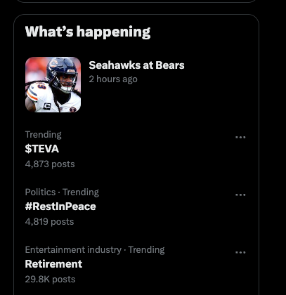 tevaera's tweet photo. $TEVA is trending on X. 

and yeah, the ticker is $TEVA. https://t.co/gqO1QmXnPK