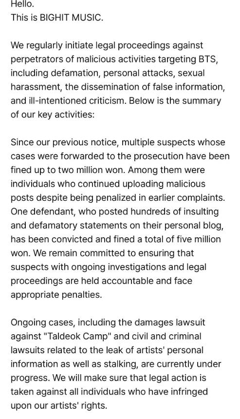 AboutMusicYT's tweet photo. Multiple people were fined for writing malicious posts against BTS, BigHit reports.

"multiple suspects whose cases were forwarded to the prosecution have been fined up to two million won. Among them were individuals who continued uploading malicious posts despite being penalized in earlier complaints.

One defendant, who posted hundreds of insulting and defamatory statements on their personal blog, has been convicted and fined a total of five million won."