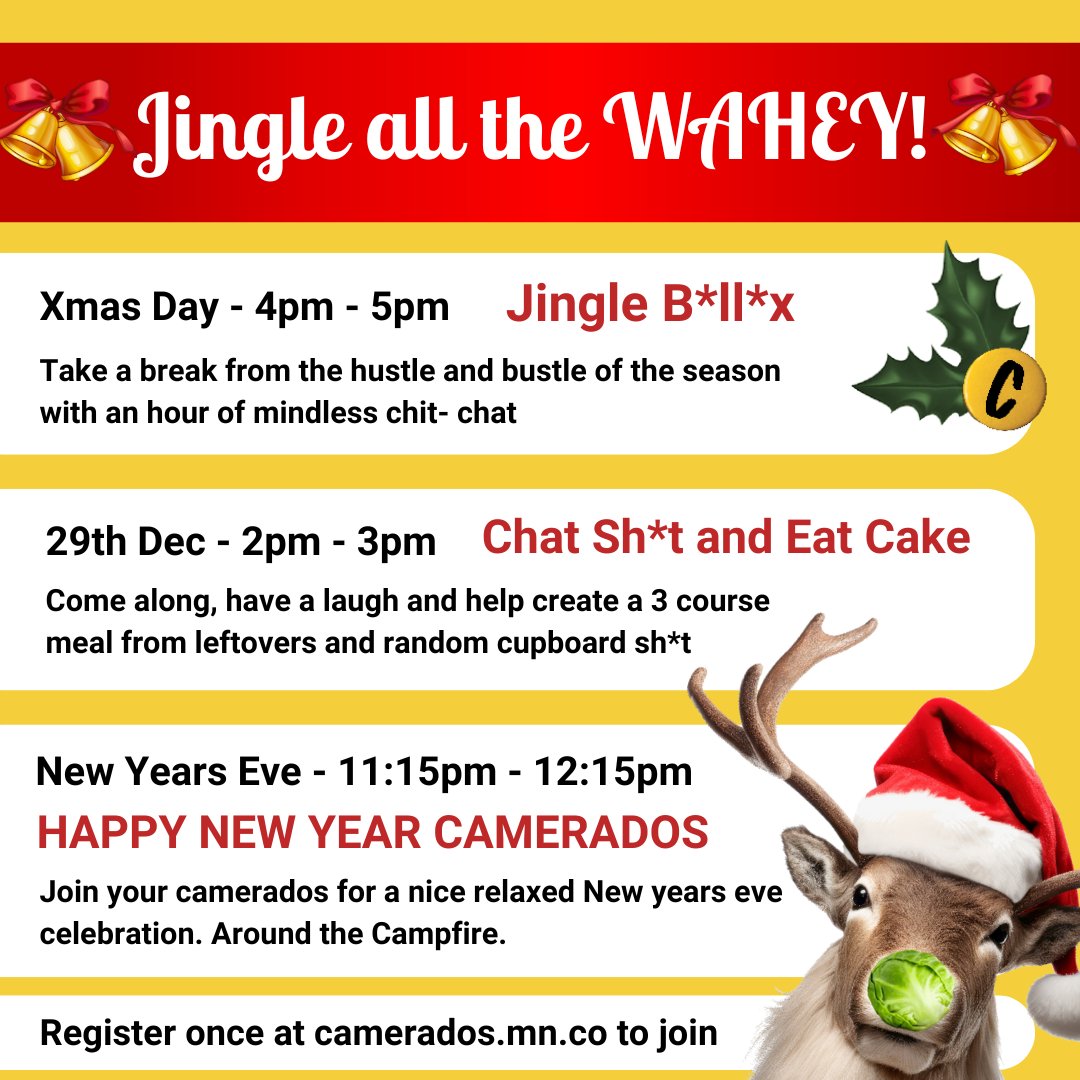 Fancy a bit of company during the holidays. Well, if you are free on December 29th from 2-3 pm or fancy a relaxing New Year celebration, register once at camerados.mn.co to join in.  🎄🎅🤶
#WeAreCamerados