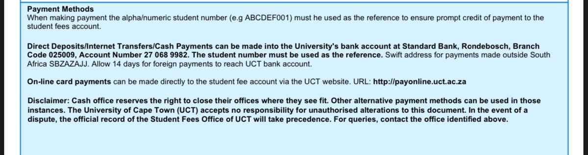 Hi all, I need your assistance please. My brother owes UCT R50961 (the outstanding amount NSFAS doesn’t pay), 8
It needs to be paid before he can register for 2nd year, please assist where you can, if plus minus 51thousand people can pay R1 into the account it will help a lot 🙏🏽