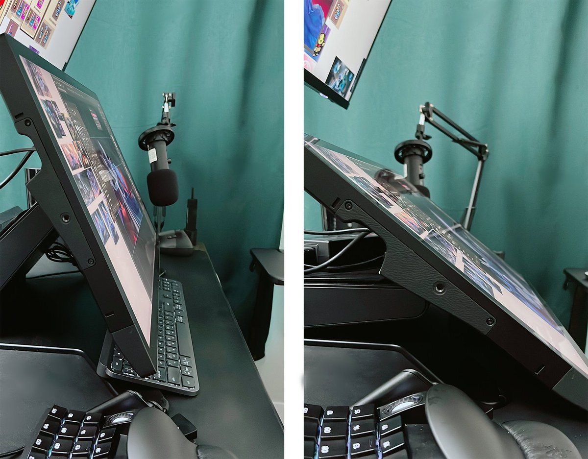 신티크 각도 뭐가 좋을까 오늘 하루종일 몸소 겪기 아직까지의 경험중인 장점 왼쪽 - 캔버스 비율이 좀더 직관적 & 키보드 바로 밑이여서  쓰기 편안함 오른쪽 - 좀더 그리기 직관적 & 상대적 어깨 피로도