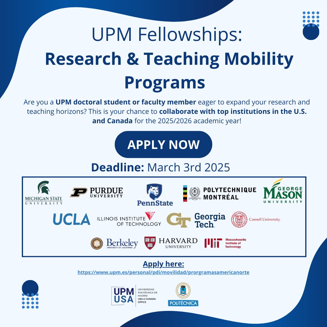 Apply Now for UPM Research &amp; Teaching Fellowships in the U.S. and Canada! This is your chance to collaborate with top institutions in the U.S. and Canada for the 2025/2026 academic year! Deadline: March 3, 2025.
Apply here: upm.es/personal/pdi/m…

#SomosUPM #ResearchMobility
