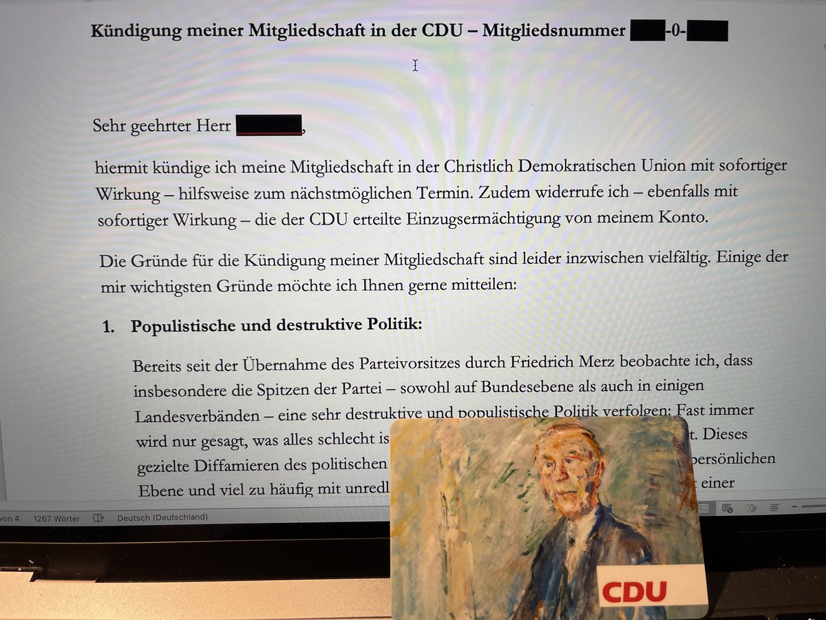 Diesen Schritt von Heinrich Stößenreuther aka <a href="/wegeheld/">Heinrich Strößenreuther</a> kann ich sehr gut nachvollziehen.

Ich bin vor drei Wochen aus den gleichen Gründen aus der <a href="/CDU/">CDU Deutschlands</a> ausgetreten.

Es fehlt der Union an konkreten Lösungen für die wichtigsten Probleme des Landes und unserer Gesellschaft.