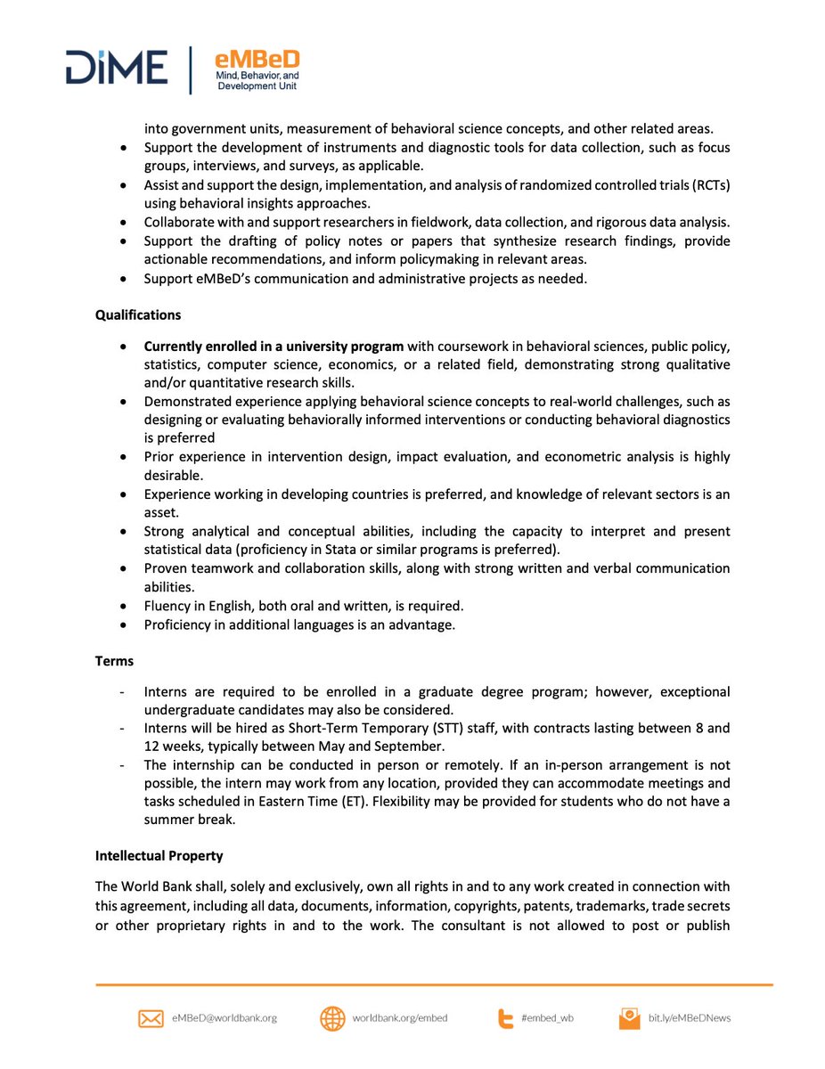 anushkakumar_02's tweet photo. Behavioral science internship at The @WorldBank  🌐 

If you want to apply but don't meet some qualifications, I urge you to do things to meet those qualifications in the month of Jan, because the last date to apply is 7th Feb 2025. 

Another thing, a lot of you are on gap years or in between jobs after undergrad.

They've mentioned "Interns are required to be enrolled in a graduate degree program; however, exceptional undergraduate candidates may also be considered." =)

Link to apply: https://t.co/oqELl6c5zX

All the best! 

Thanks for this opportunity @zeina_afif and Abigail Dalton :D