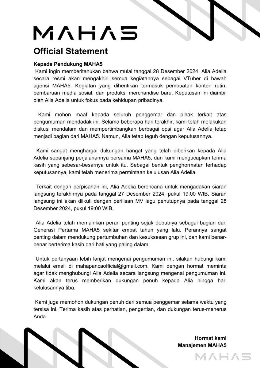 Pengumuman terkait talent Alia Adelia