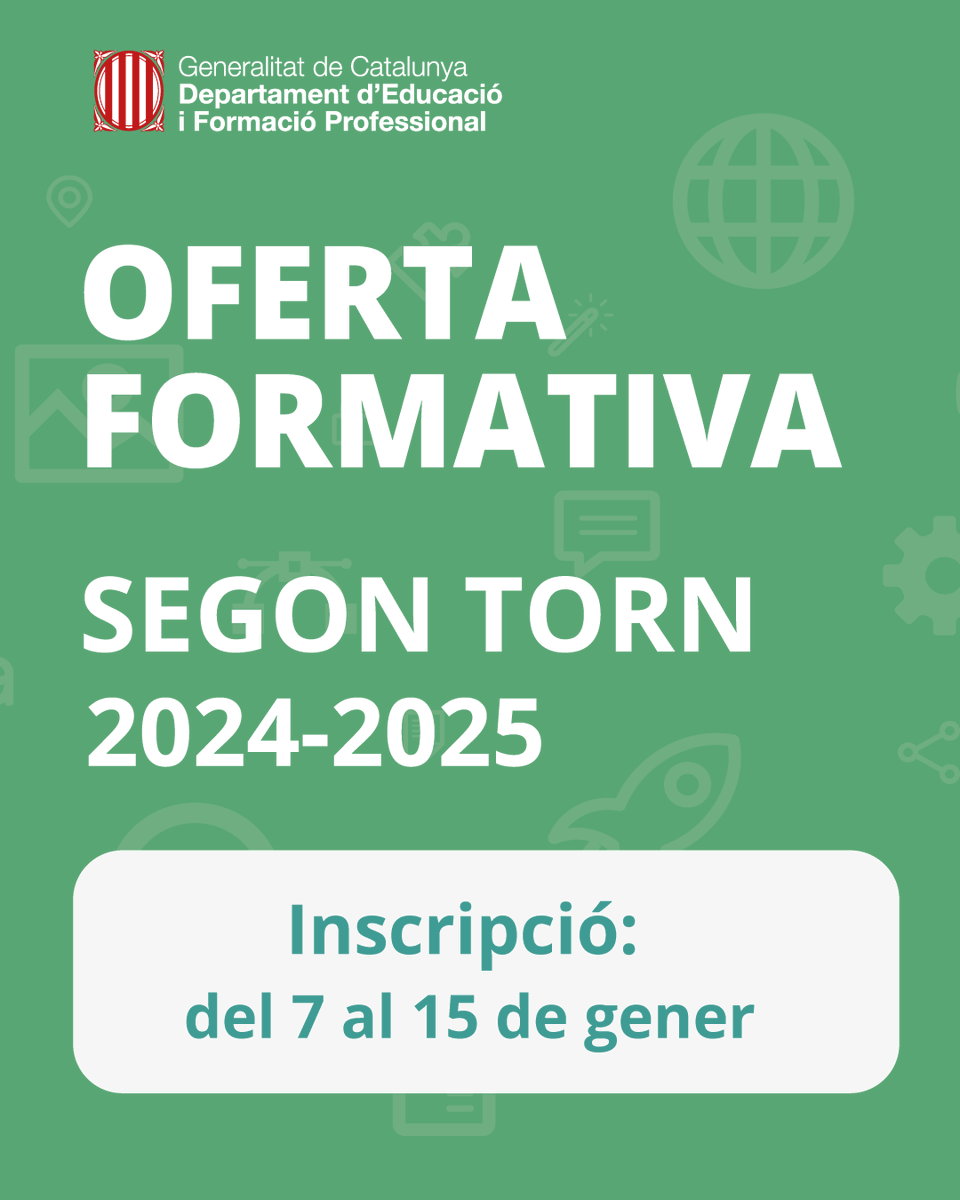 Del 7 al 15 de gener estarà disponible l'oferta formativa corresponent al segon torn del curs 2024-2025. No oblideu que podeu consultar i cercar activitats.

🔗 xtec.gencat.cat/ca/formacio/in… 

#AlsCentres