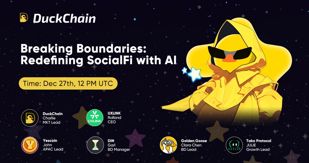 What sparks will Social + AI ignite? You won’t want to miss today’s discussion as we explore how AI is empowering Social applications.

⏲️: Dec 27th, 12 PM UTC
📍: x.com/i/spaces/1OwxW…

We’re thrilled to have <a href="/UXLINKofficial/">UXLINK</a>, <a href="/Yescoin_Fam/">Yescoin</a>, <a href="/din_lol_/">DIN⏳</a>, <a href="/GoldenGoose_app/">Golden Goose</a>, and