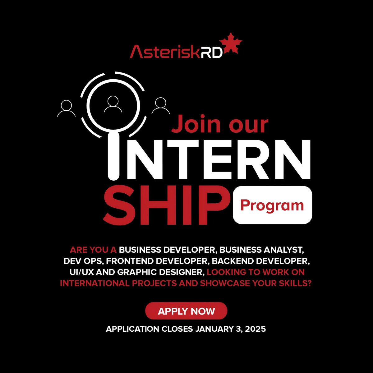 asteriskrdhub's tweet photo. Your journey to global opportunities starts here! Join the AsteriskRD Internship Program and showcase your skills on international projects. Don’t miss out.
apply here 👇🏾👇🏾👇🏾
https://t.co/W11qFYTQW8 before January 3, 2025!
#InternWithUs #AsteriskRD https://t.co/VEosEOpsLm