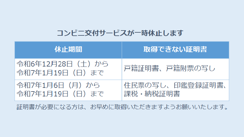 ◇【休止のお知らせ】コンビニ交付サービス◇ 下記の日程で休止します