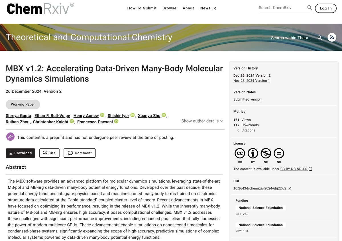 🚨 New preprint on <a href="/ChemRxiv/">ChemRxiv</a> 🚨

👉 doi.org/10.26434/chemr…

We're thrilled to unveil the final version of MBX v1.2! This release brings advanced optimizations to our #datadriven #manybody molecular dynamics platform, delivering CCSD(T)-level accuracy ⚡️ for #compchem simulations