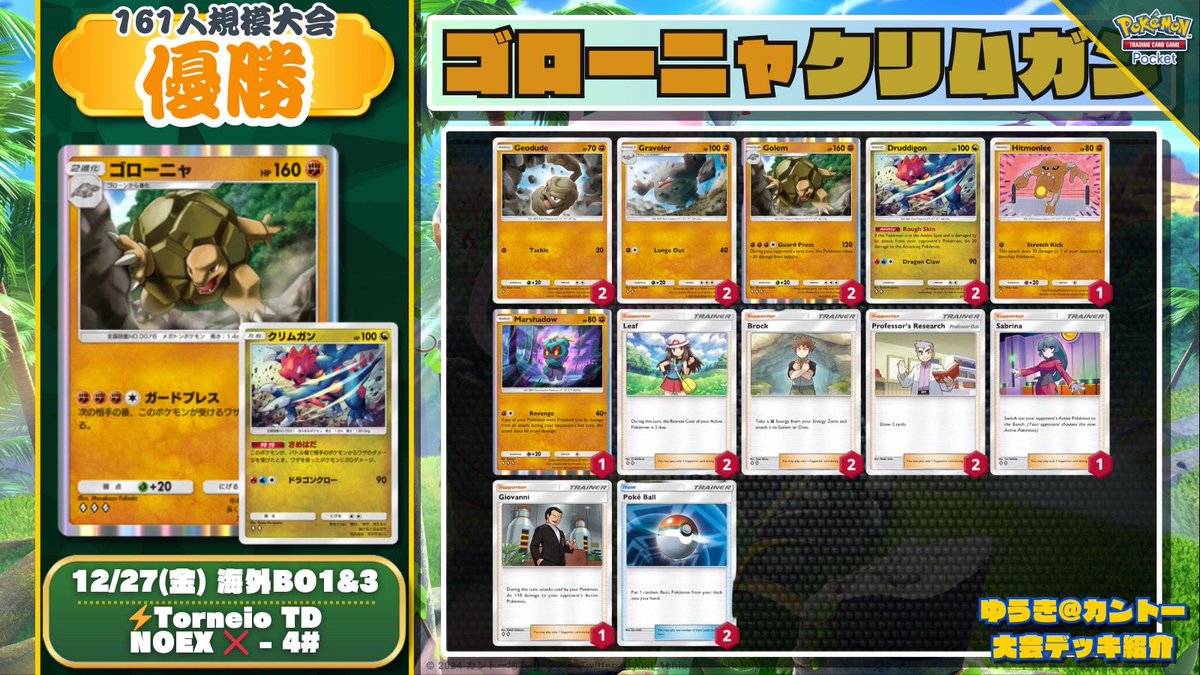 🌏 #ポケポケ 海外大会結果 🌏 非ex限定大会で「ゴローニャクリムガン