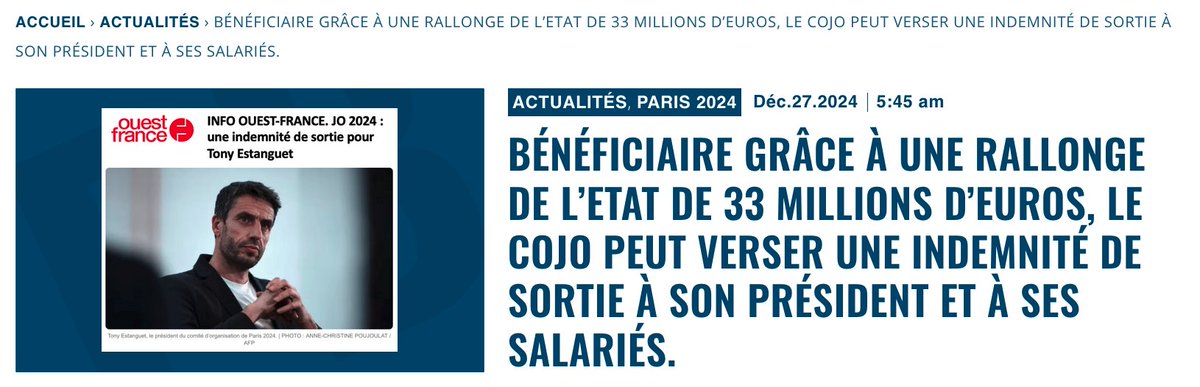 patrickbayeux's tweet photo. Bénéficiaire grâce à une rallonge de l'Etat de 33 millions d'euros, le COJO peut verser une indemnité de sortie à son président et à ses salariés.

Selon @OuestFrance  France , alors que le budget du comité d’organisation de Paris 2024 présente un excédent de 27 millions d’euros (26,8 millions d’euros annoncé lors du dernier CA du COJOP @Paris2024 ) , une « indemnité de sortie » a été votée lors du dernier conseil d’administration pour Tony Estanguet, président du Cojop. Selon Ouest France, il s'agit d'une proposition du Corem (comité des rémunérations de Paris 2024) qui était conditionnée à l’atteinte de l’équilibre budgétaire. Un excédent entièrement lié à la rallonge de l'Etat (33 millions d'euros)  obtenue par @AOC1978  Amélie Oudéa-Castera juste avant les jeux. 

https://t.co/X879gdzCLp