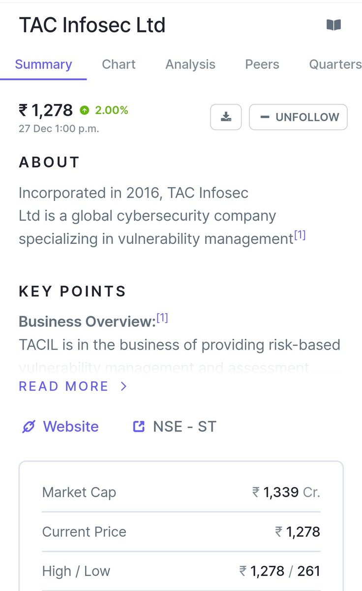 GEMSQUEST's tweet image. 💎Tac Infosec💎
#TACSECURITY #TACIL
No breaks, no stops, just steep climb 🗻🗻🗻
Cmp 1278 (Marketcap 1339crs)
💎💎💎#investments #StockMarket #stocktowatch #sme #microcaps #cybersecurity

#GEMSQUEST