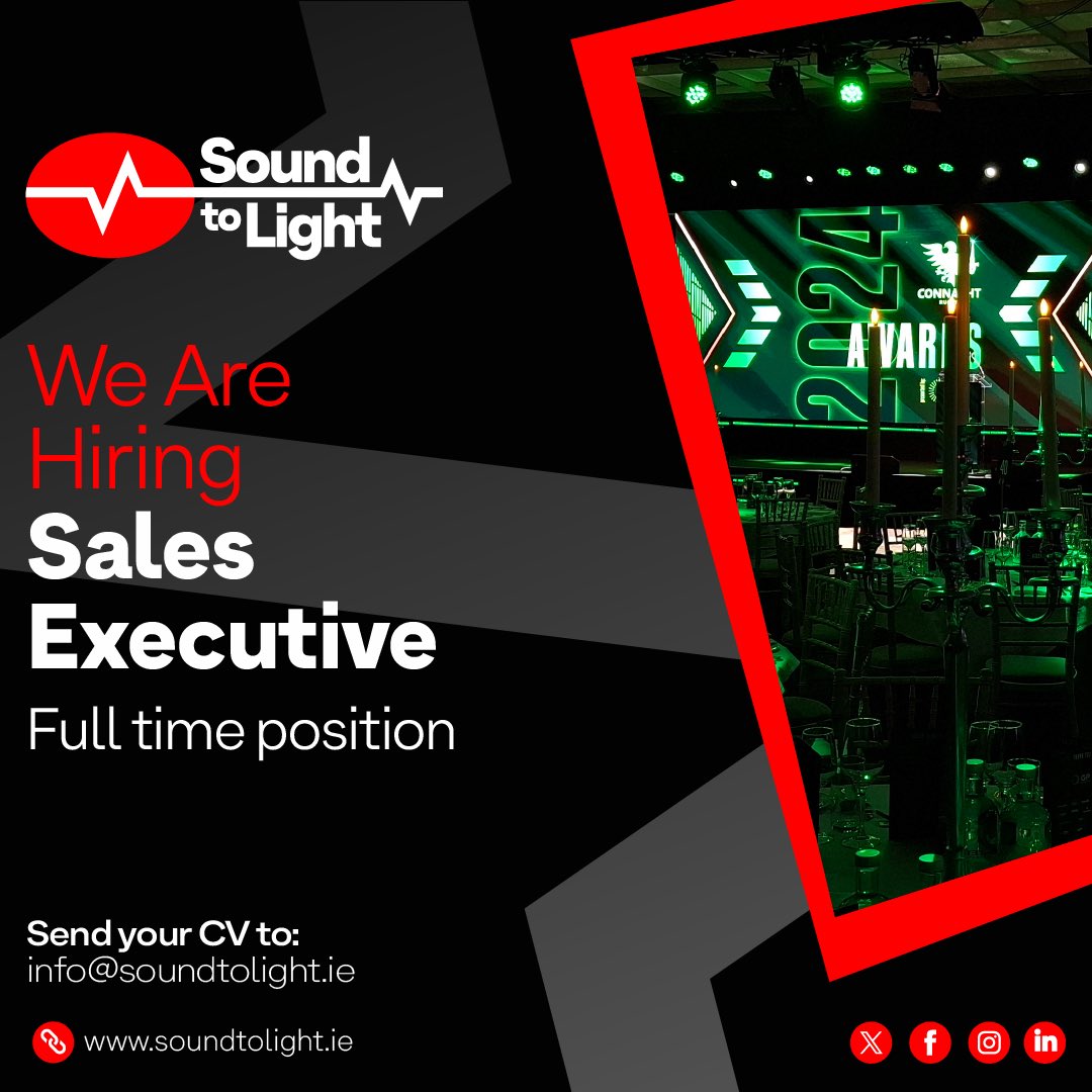 Sound to Light (@soundtolightgal) on Twitter photo šWe are searching for a dynamic, creative and organised individual to join our expanding team at Sound to Light. If you thrive in a fast-paced environment and possess excellent communication skills this opportunity may be for you!
š§ info@soundtolight.ie šWe are searching for a dynamic, creative and organised individual to join our expanding team at Sound to Light. If you thrive in a fast-paced environment and possess excellent communication skills this opportunity may be for you!
š§ info@soundtolight.ie